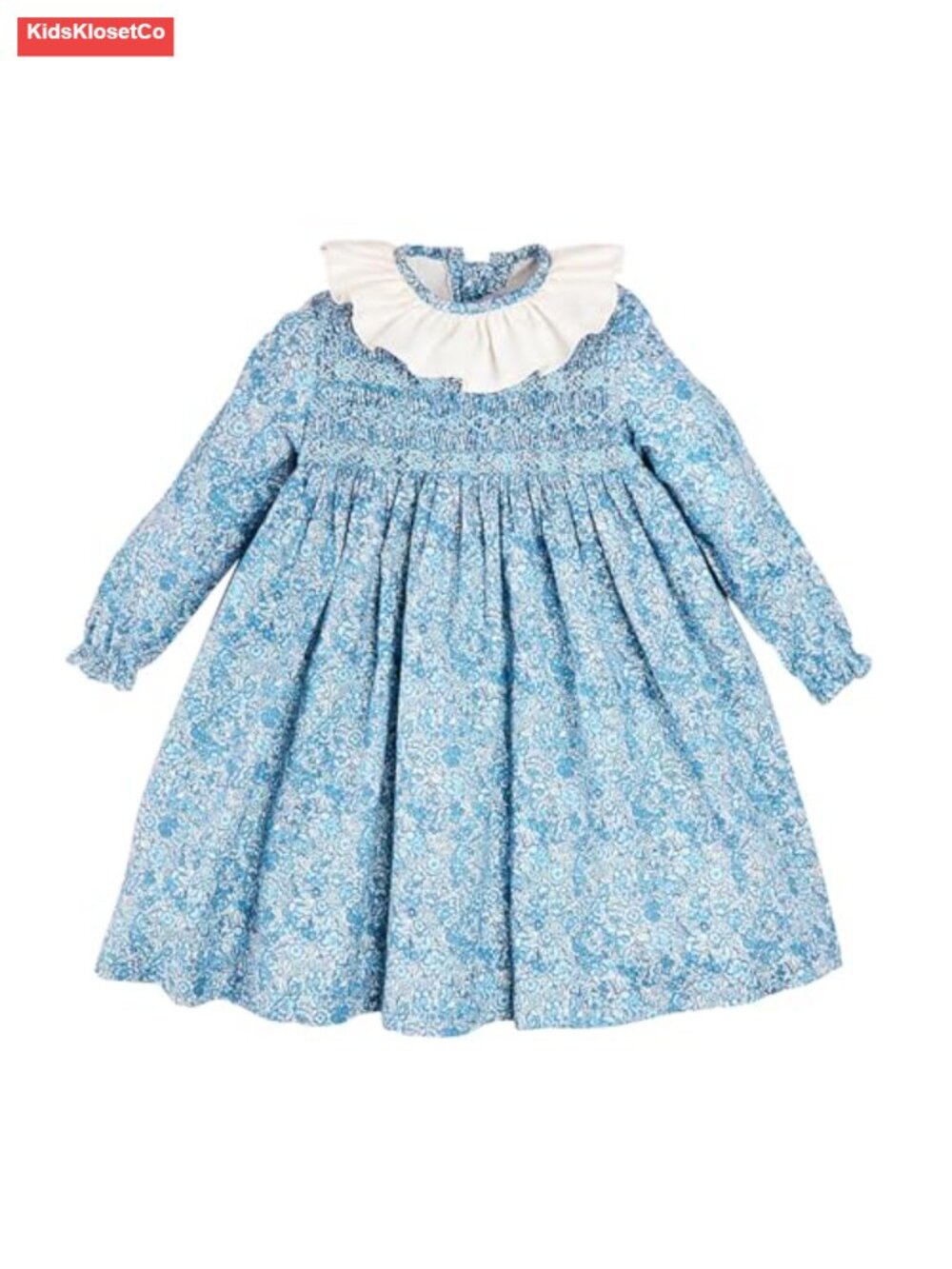 Girls Vintage Floral Smocked Dress 100% Cotton Long Sleeve Hand Embroidery